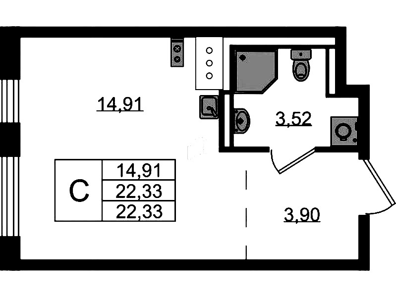 Квартира студия 22.33 м², 3/13 эт., ЖК «Квартал Торики»